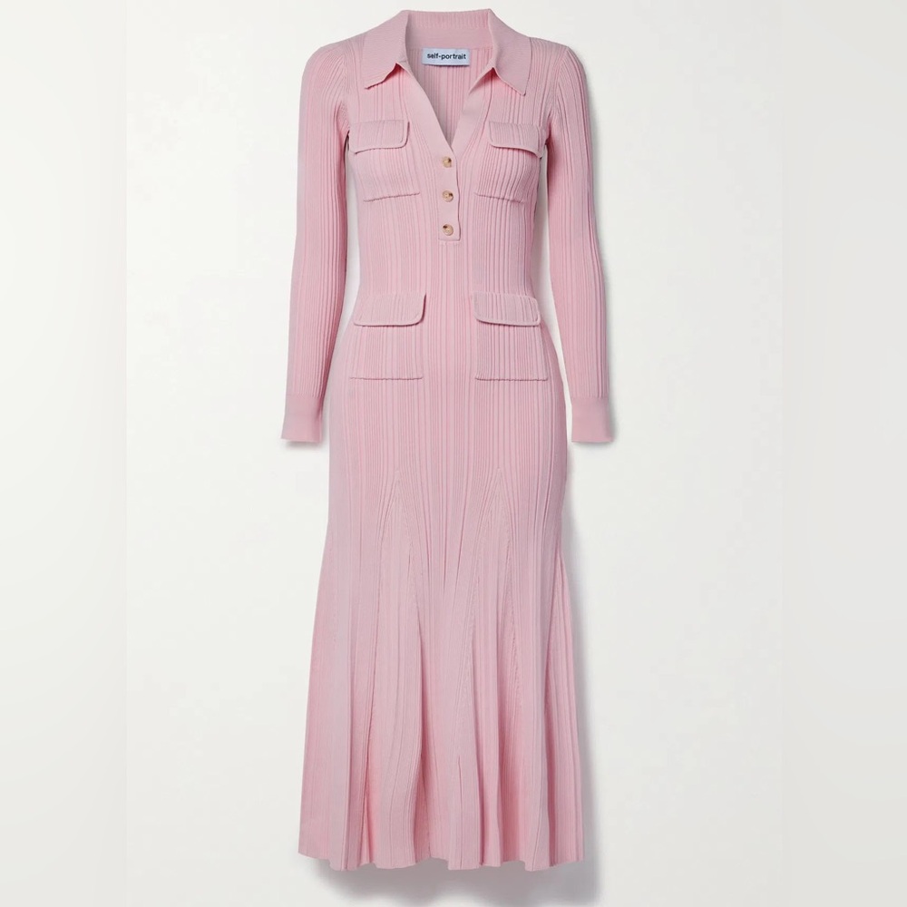 Self Portrait Ribbed Knit MIDI Dress in Pink